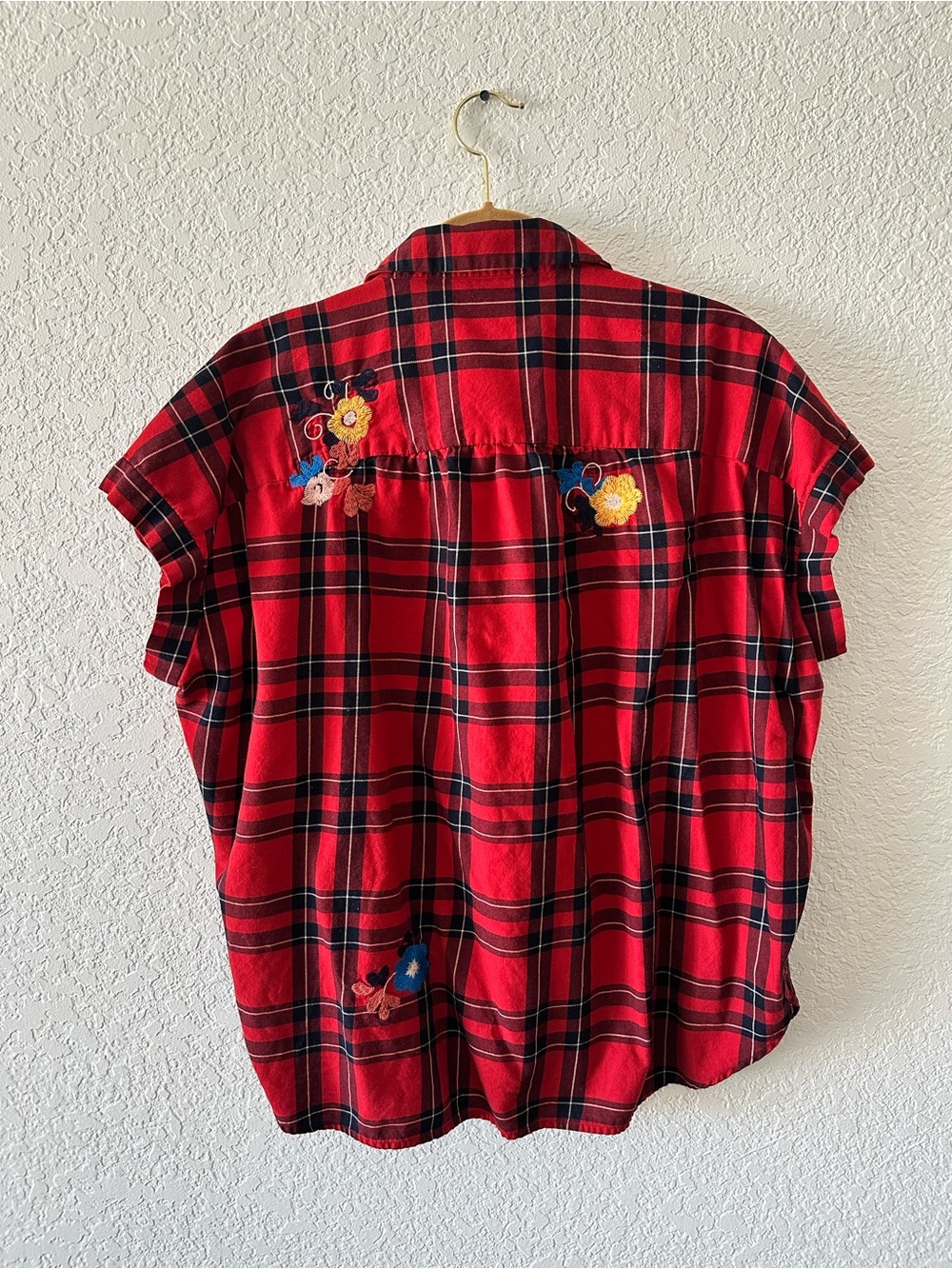 Madewell Red Plaid Button-Up Top with Floral Embroidery - Picture 2 of 4